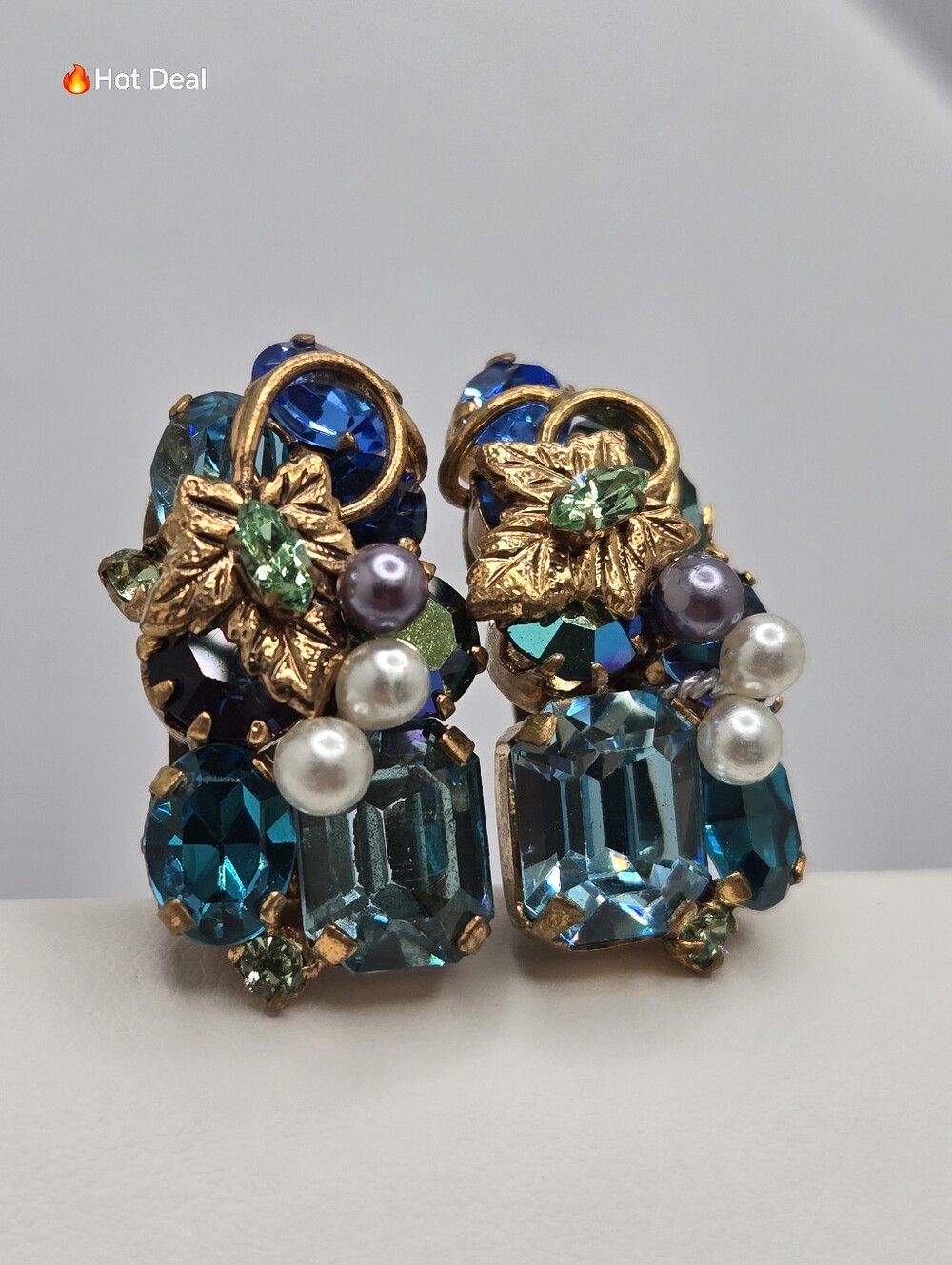 Vintage Austria Blue Rhinestone Faux Pearl Clip-On Earrings Signed Floral 1 1/8"